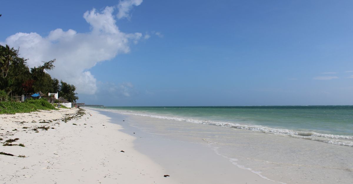 Idyllic white sand beach and azure ocean under clear skies in Zanzibar, Tanzania.